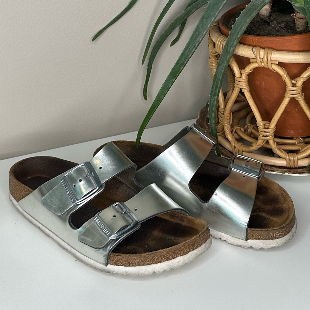 Birkenstock Arizona Sandals Silver Metallic Size 38 (US 7) Regular Fit